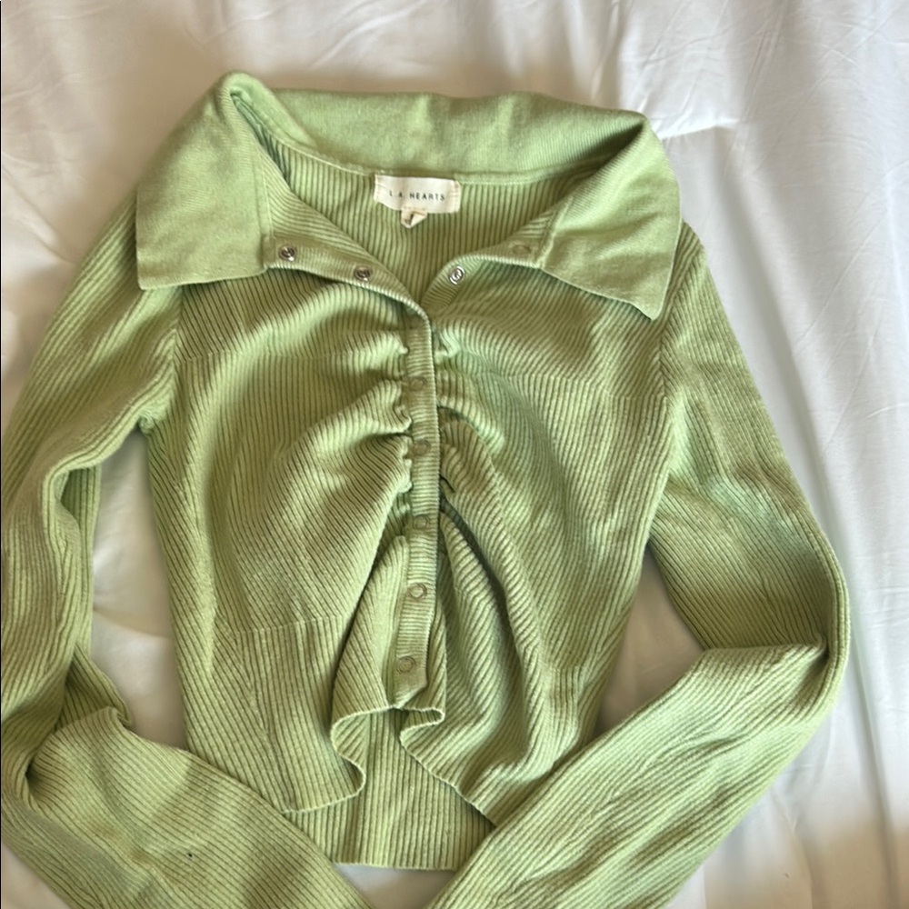 L.A. Hearts/ PacSun Light Green Ribbed Button-Down Cropped Shirt